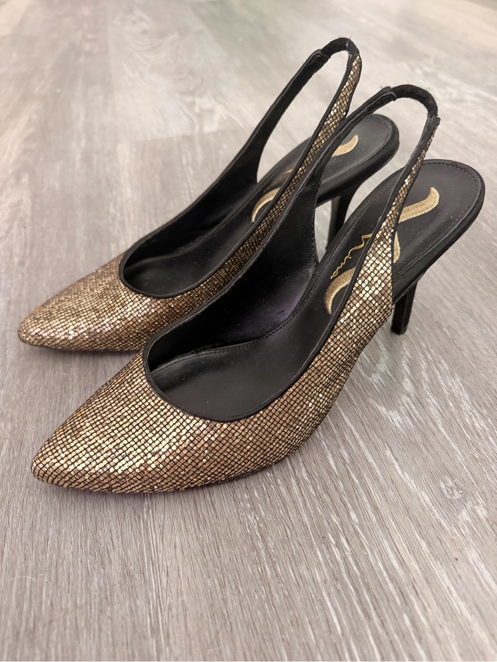 Gold Slingback Pointed-Toe Heels